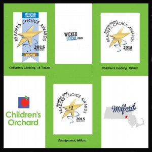 Children's Orchard graphic, green square with photos of Reader's Choice Awards logo, state of Maryland and Children's Orchard logo, store awarded Reader's Choice